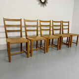 Set of 5 wooden chairs with rope seats, Scandinavian design, 1970s
