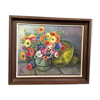 Bouquet of flowers signs S. Broggi 82 canvas on isorel