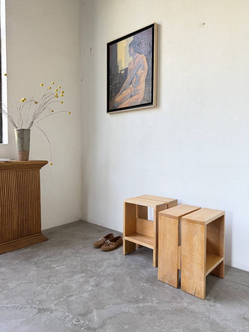 Pair of pine stools or bedside tables, mountain furniture, 1950s