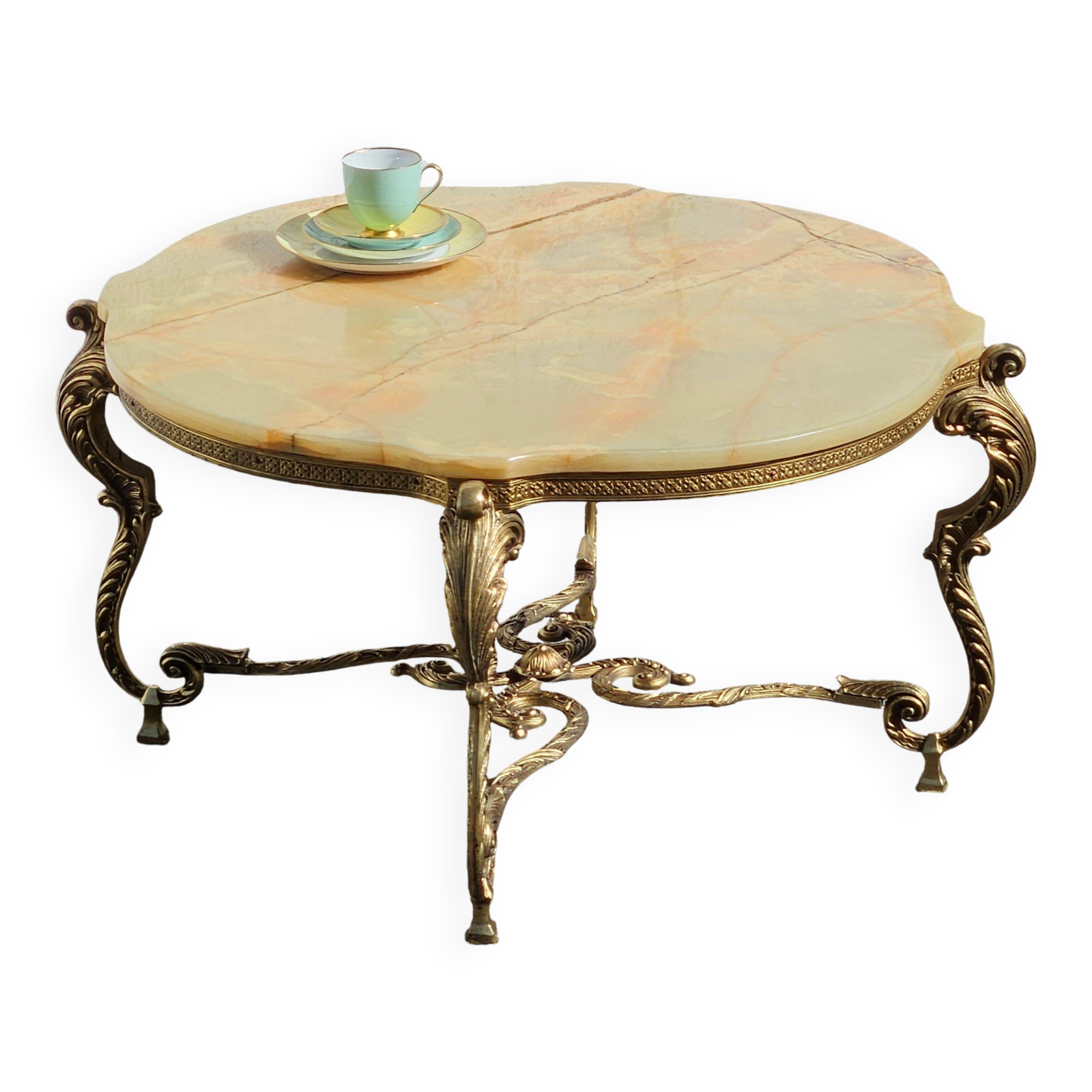 French Vintage Onyx Marble Bronze Coffee Table Style Louis XV 60s