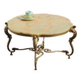 French Vintage Onyx Marble Bronze Coffee Table Style Louis XV 60s