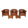 Fauteuils club vintage en cuir cognac, pays-bas, ensemble de trois avec deux repose-pieds