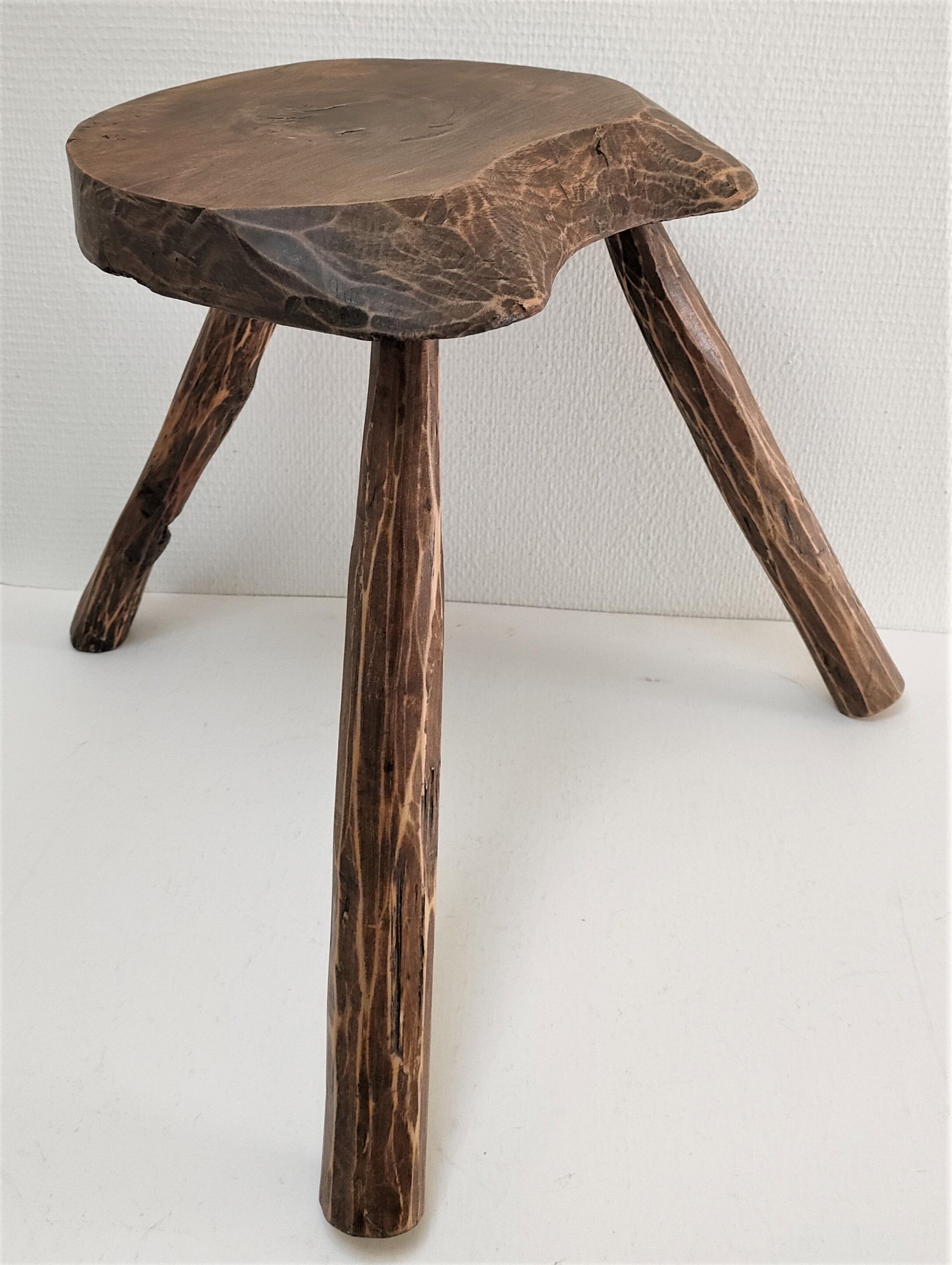 Tripod stool solid wood folk art 60s