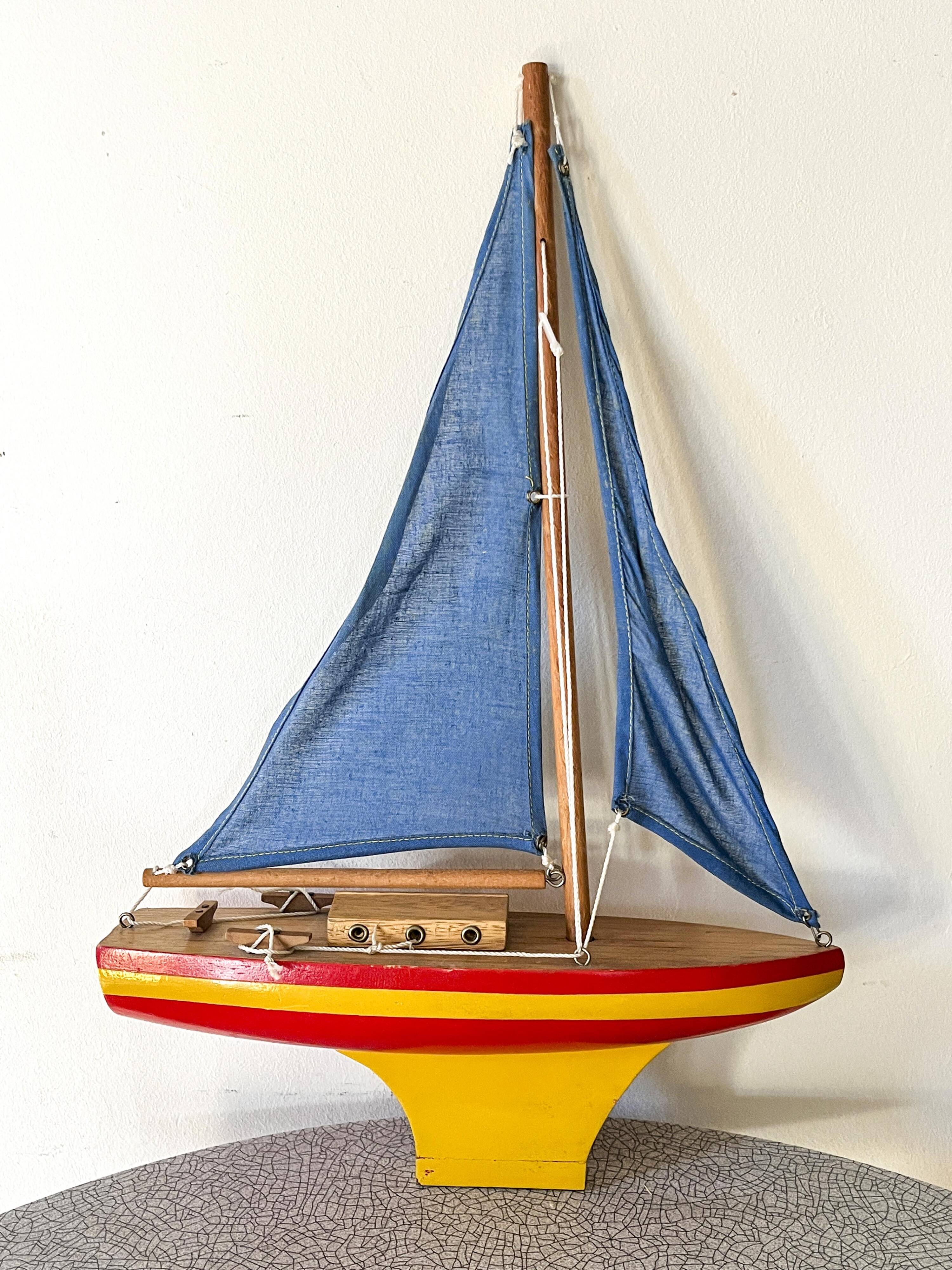 Wooden sailboat, cotton sails, vintage toy
