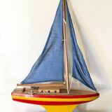 Wooden sailboat, cotton sails, vintage toy