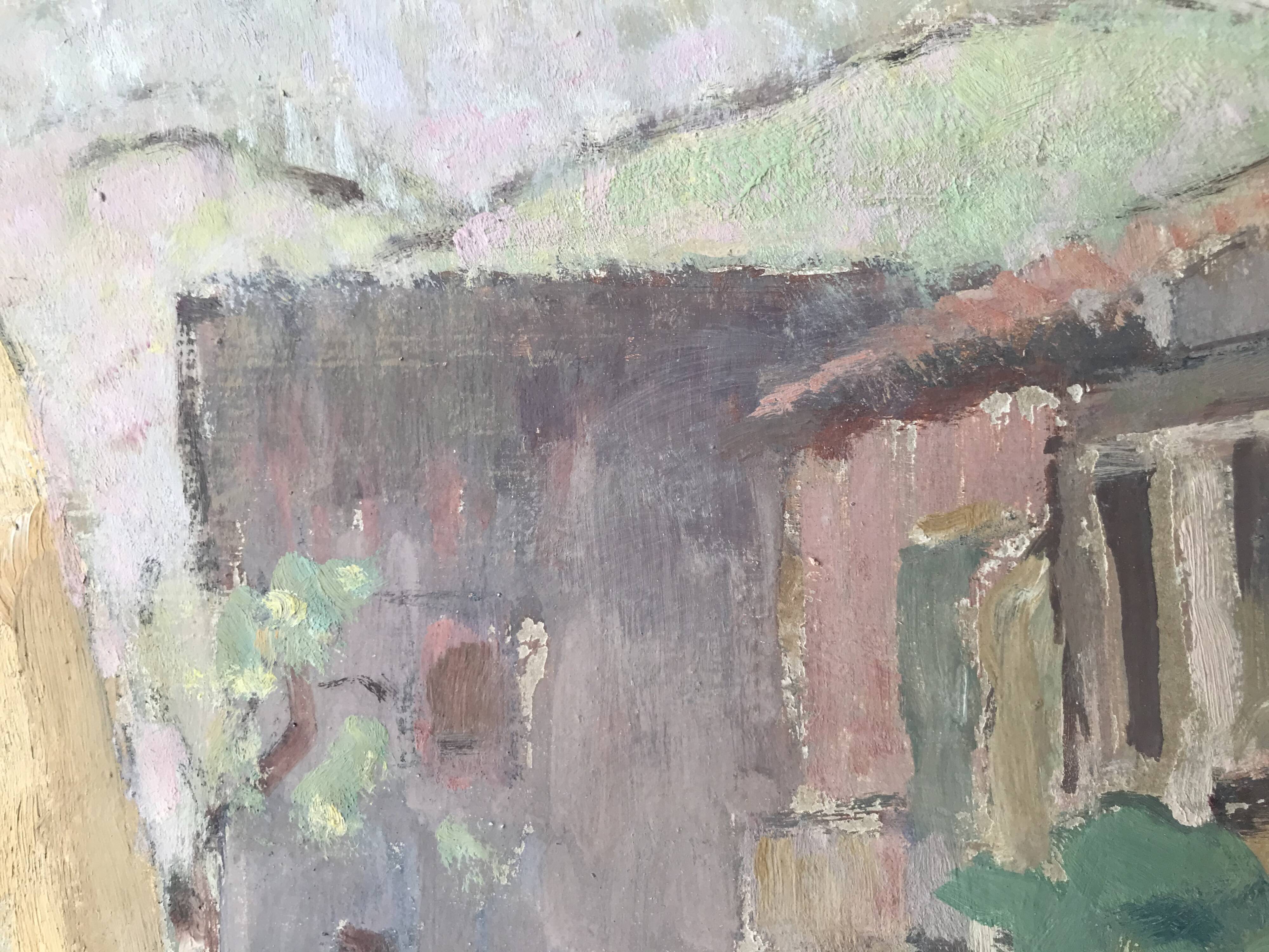 Old painting oil on cardboard peasant village