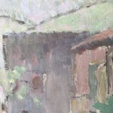 Old painting oil on cardboard peasant village