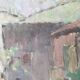 Old painting oil on cardboard peasant village