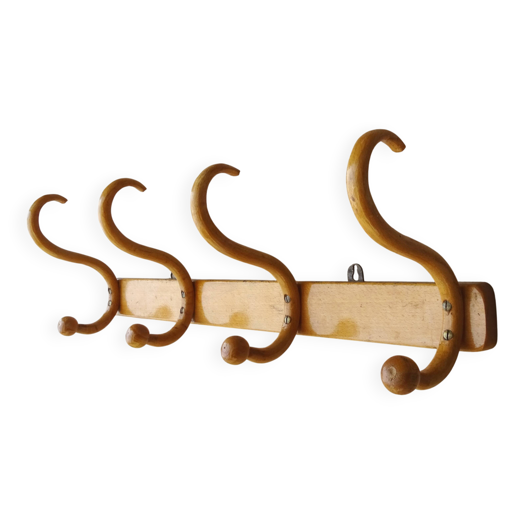 Wall coat rack with 4 hooks, around 1925, bent wood.