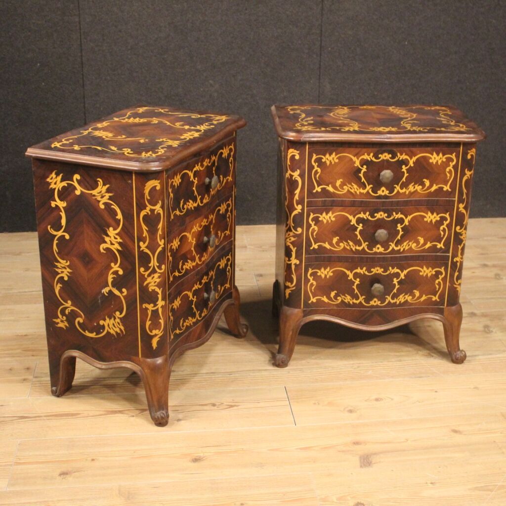 Pair of Italian inlaid bedside tables in walnut, maple and beech