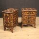 Pair of Italian inlaid bedside tables in walnut, maple and beech