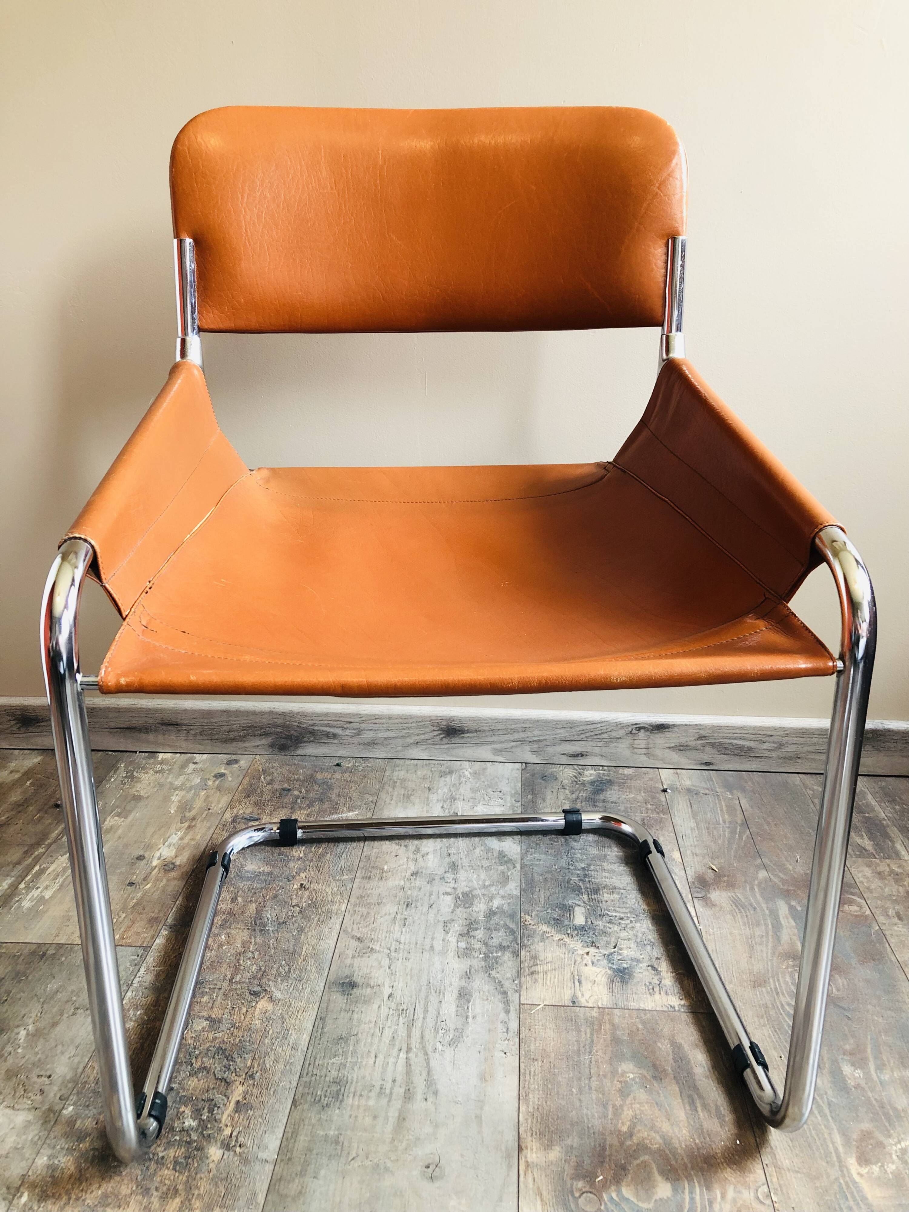 4 vintage 70s Italian chairs in cognac leather and stainless steel