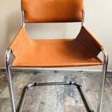 4 vintage 70s Italian chairs in cognac leather and stainless steel