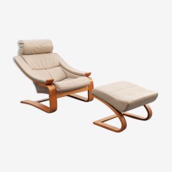 Fauteuil lounge avec repose-pied design scandinave, modèle Kroken, cuir