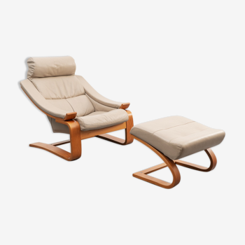 Lounge armchair with footrest, Scandinavian design, Kroken model, leather