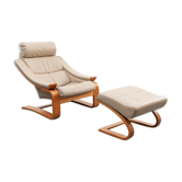 Fauteuil lounge avec repose-pied design scandinave, modèle Kroken, cuir