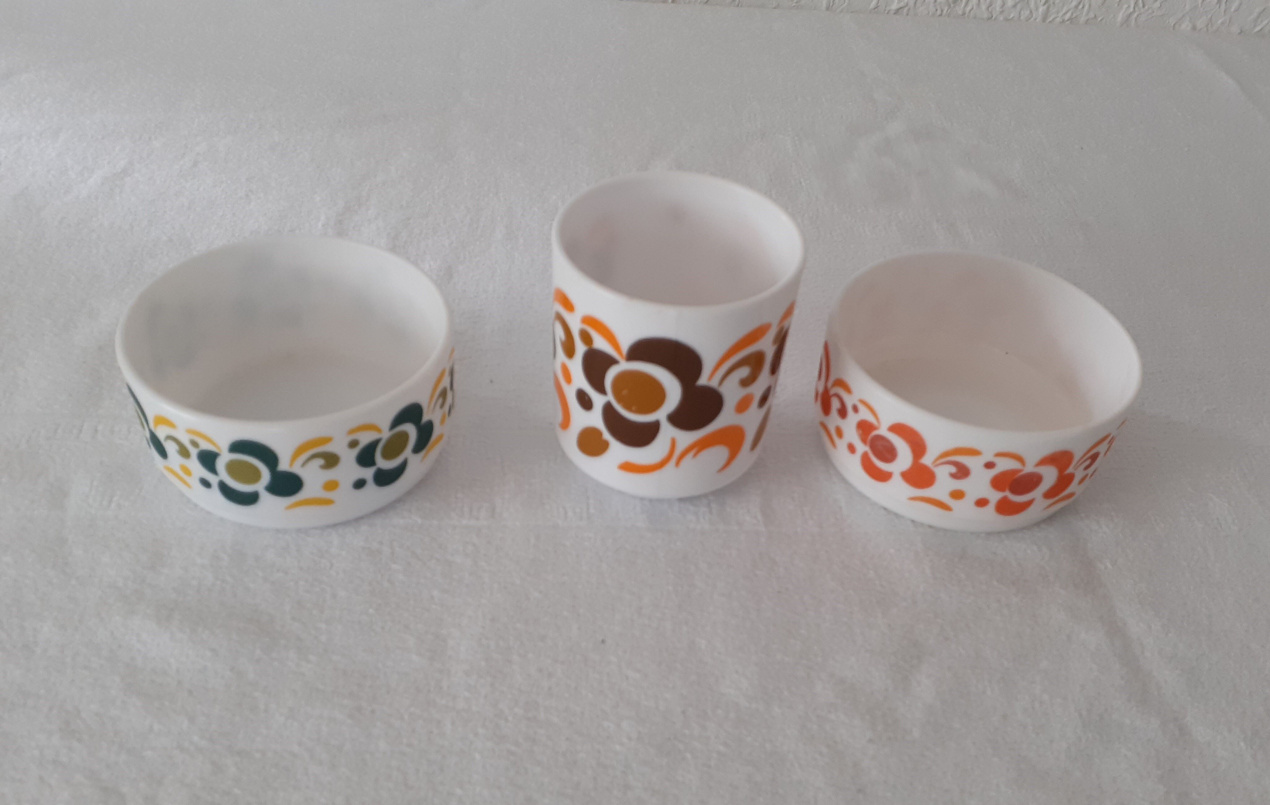 3 pieces lotus Arcopal 2 ramekins cups and 1 mug orange brown green vintage