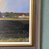 1992 Vintage Modernist Swedish "Sunset Fields" Rural Landscape Oil Painting, Framed