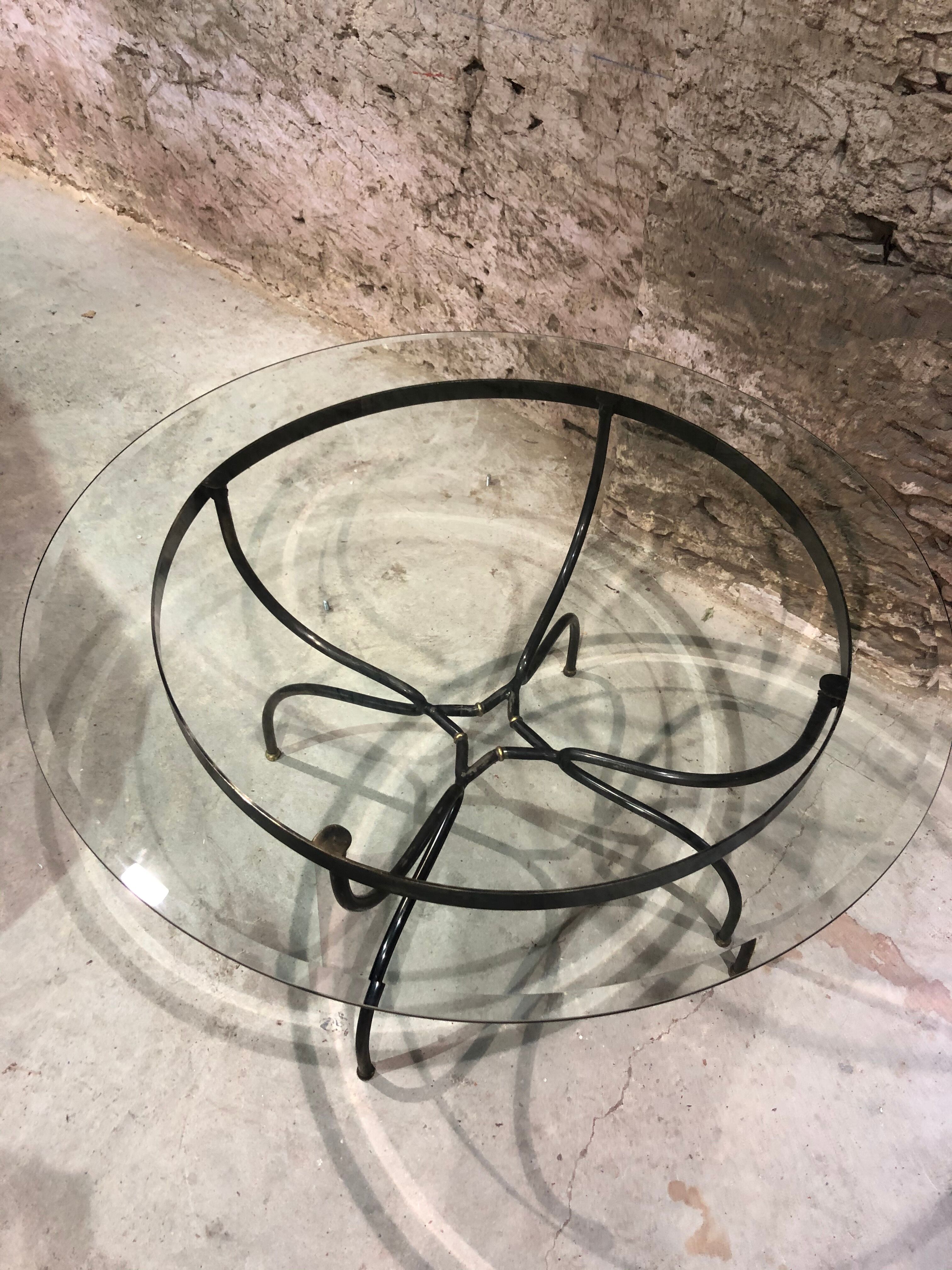 Table base wrought iron and brass, bevelled glass tray, 1980s