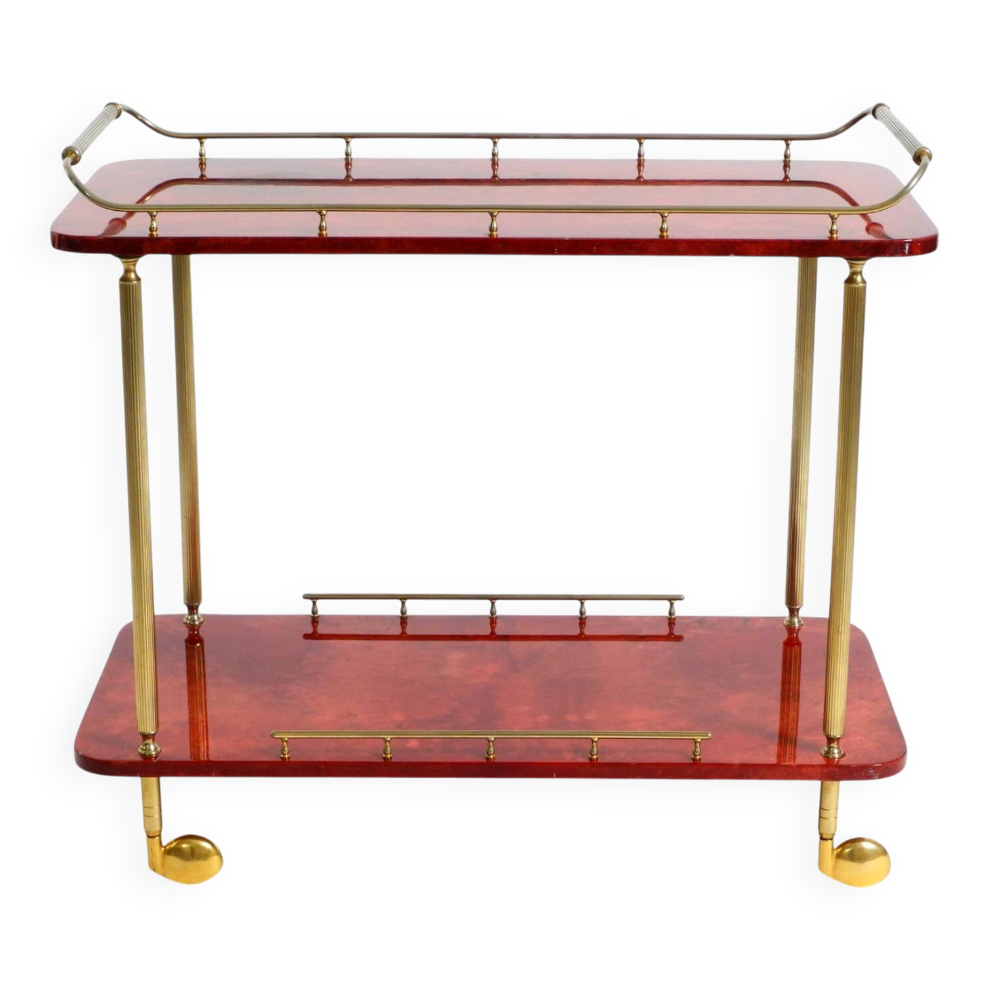 Superbe grand chariot de service en peau de chèvre rouge Aldo Tura des années 1960 | Fabriqué en Italie