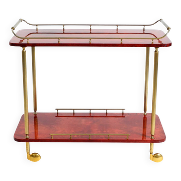 Superbe grand chariot de service en peau de chèvre rouge Aldo Tura des années 1960 | Fabriqué en Italie