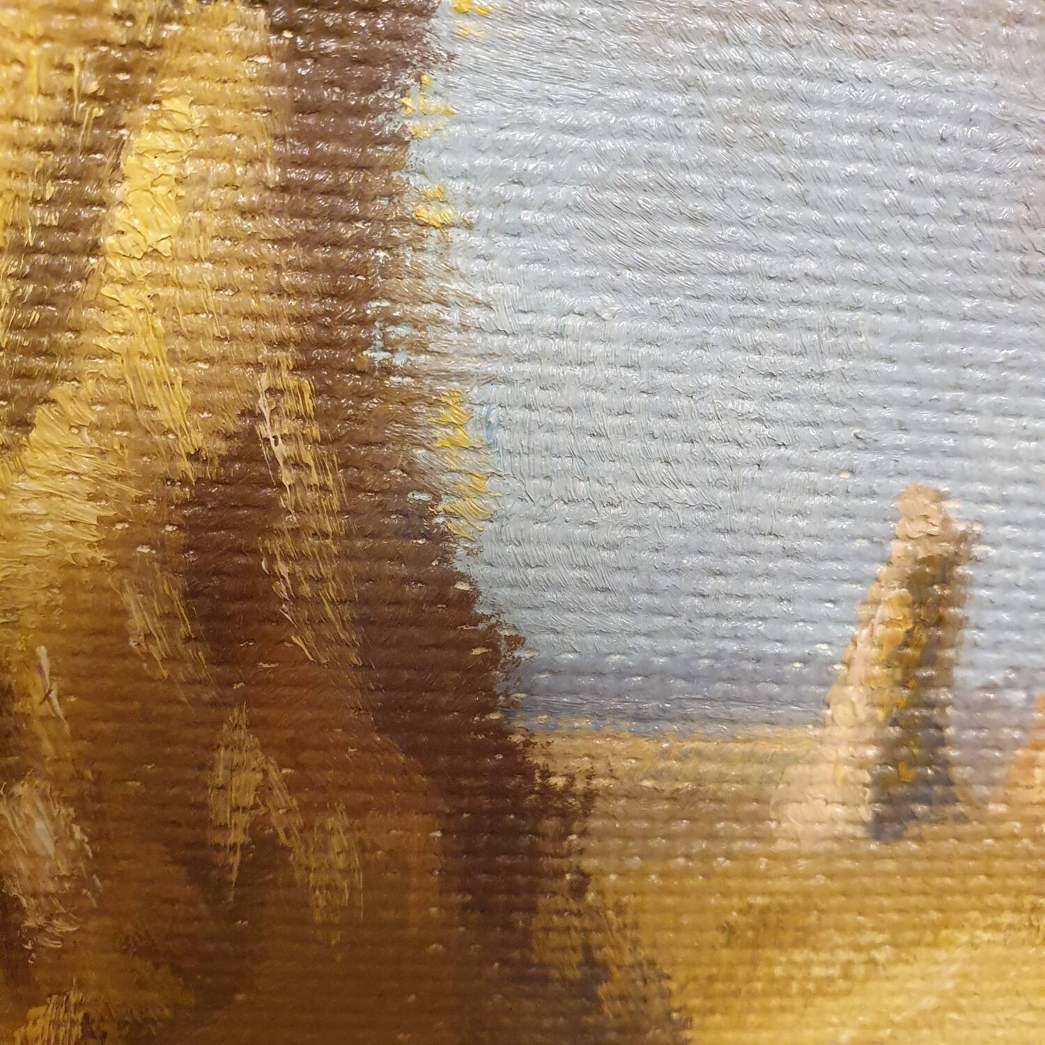 Oil painting on wood, harvest landscape