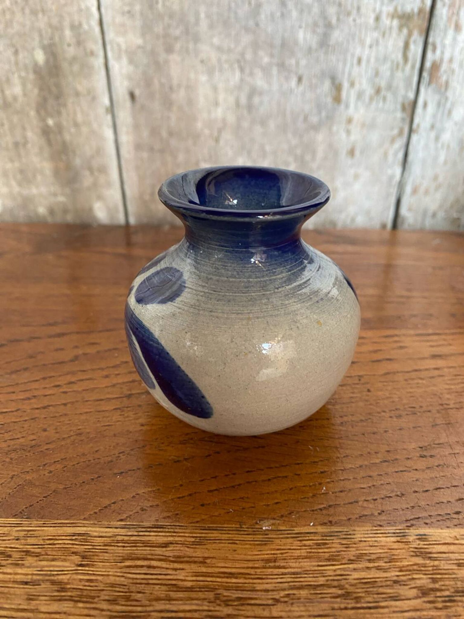 Antique alsace vase anne ehret grey blue stoneware vintage flower decor