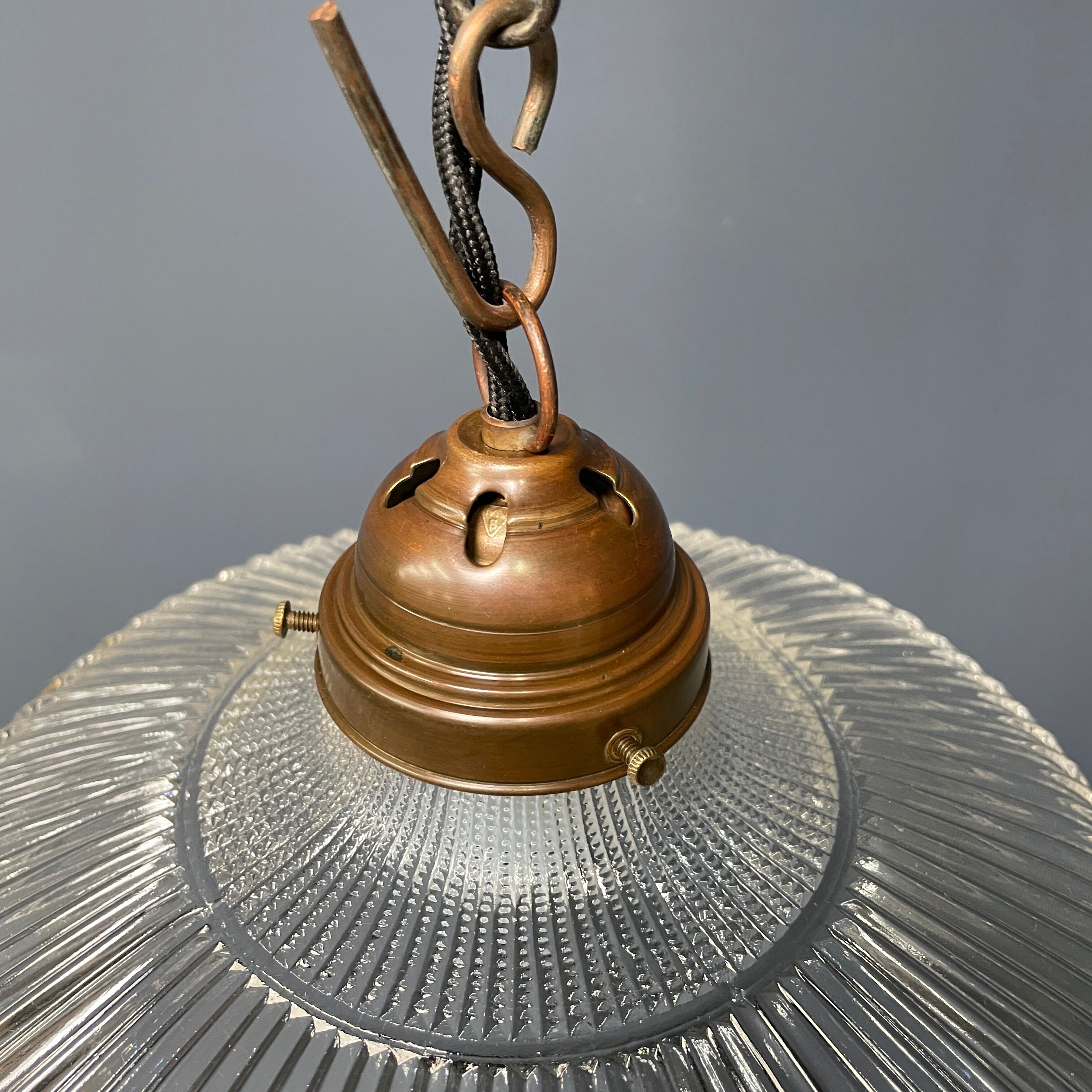 Glass holophane hangingor pendant lamp with brass gallery