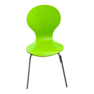 Fluorescent green Scandinavian chair in curved wood and steel