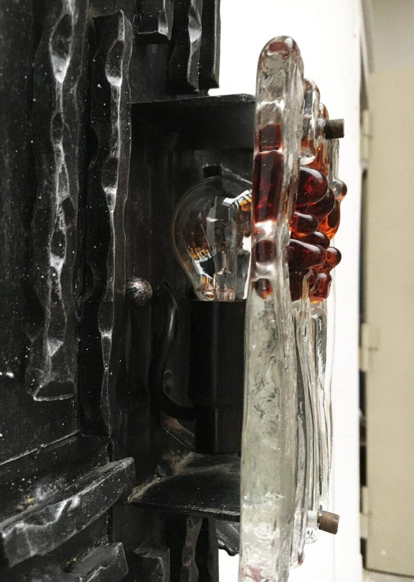 Vintage Italian brutalist wrought iron wall lamp by Albano Poli for Poliarte, set of 4.