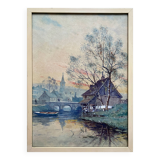 Watercolor Painting "Landscape at the River at Dusk" early 20th century