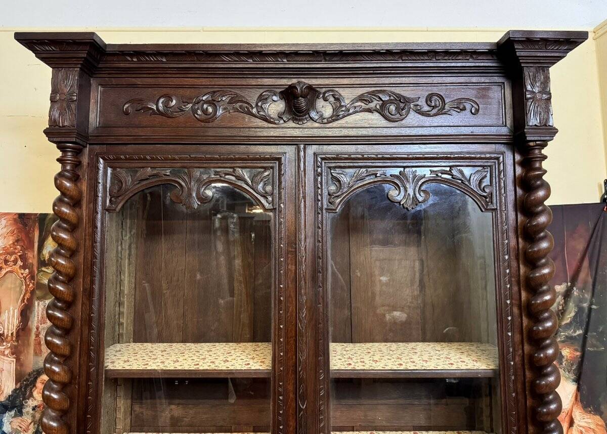 Renaissance style hunting lodge library in carved oak circa