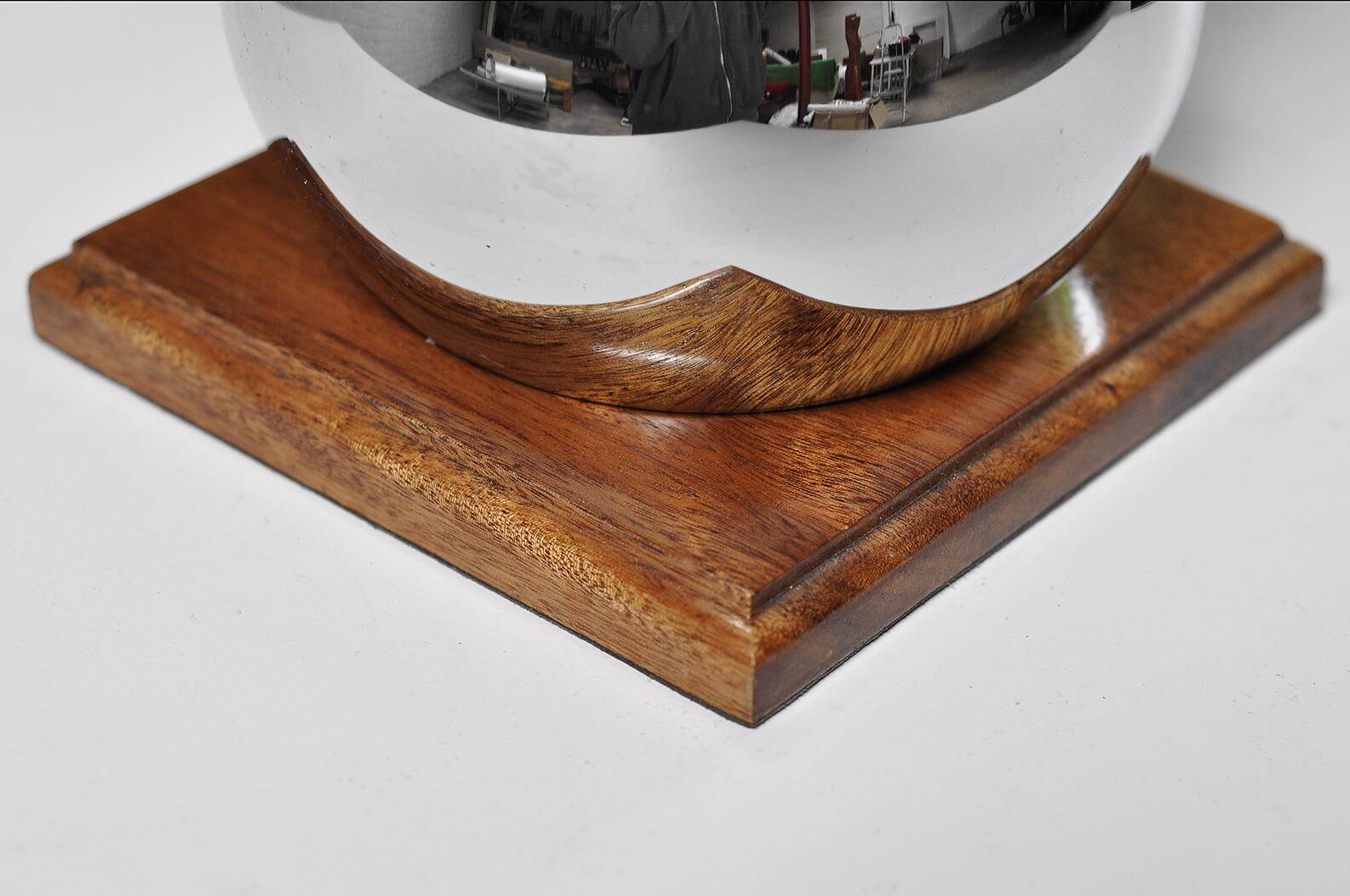 Modern eyeball chrome lamp with wooden base, 1960s