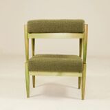 Set of two vintage-style footstools, green wood and bouclé upholstery