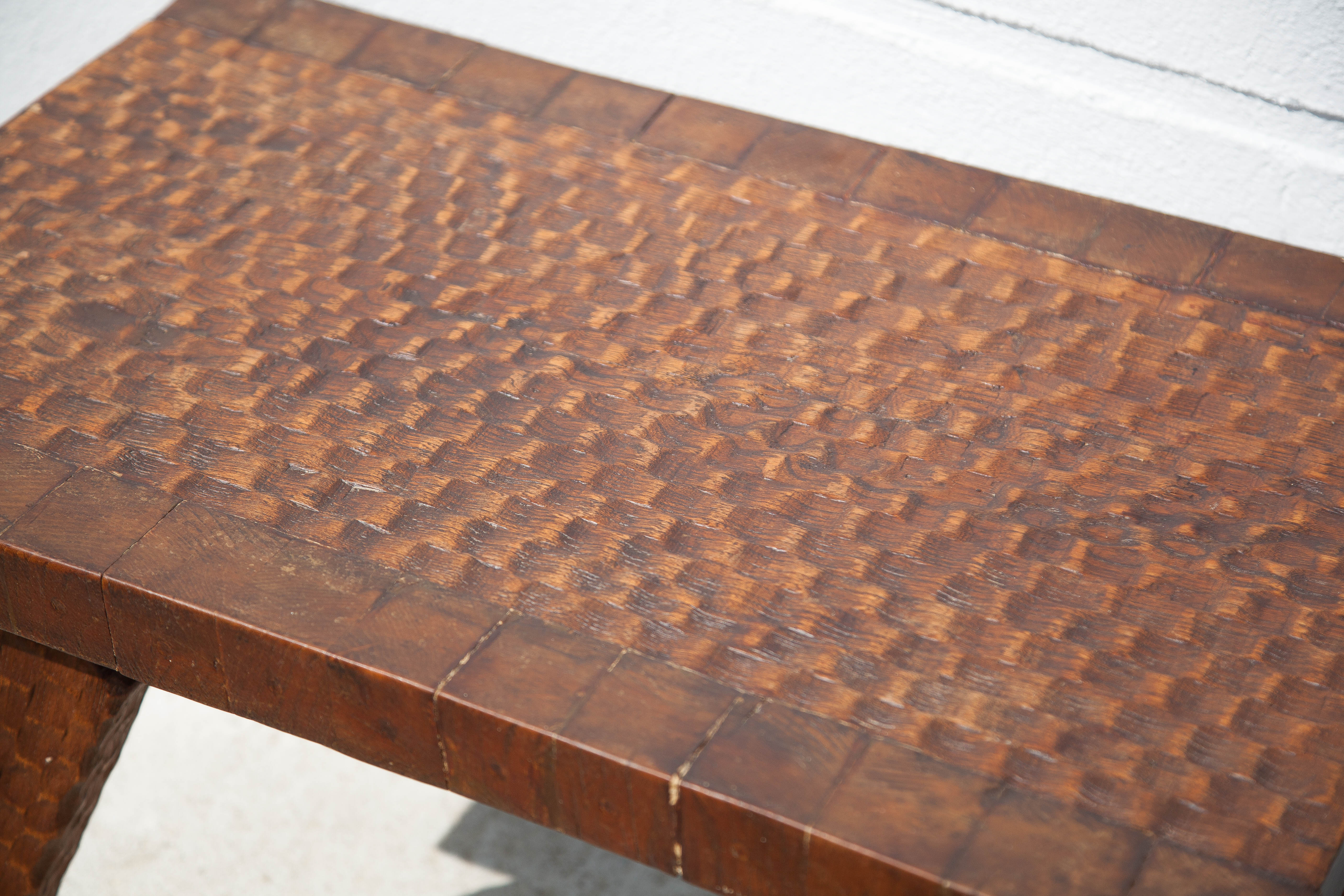 Carved wood coffee table, hammered wood table, side table, living room table, vintage table