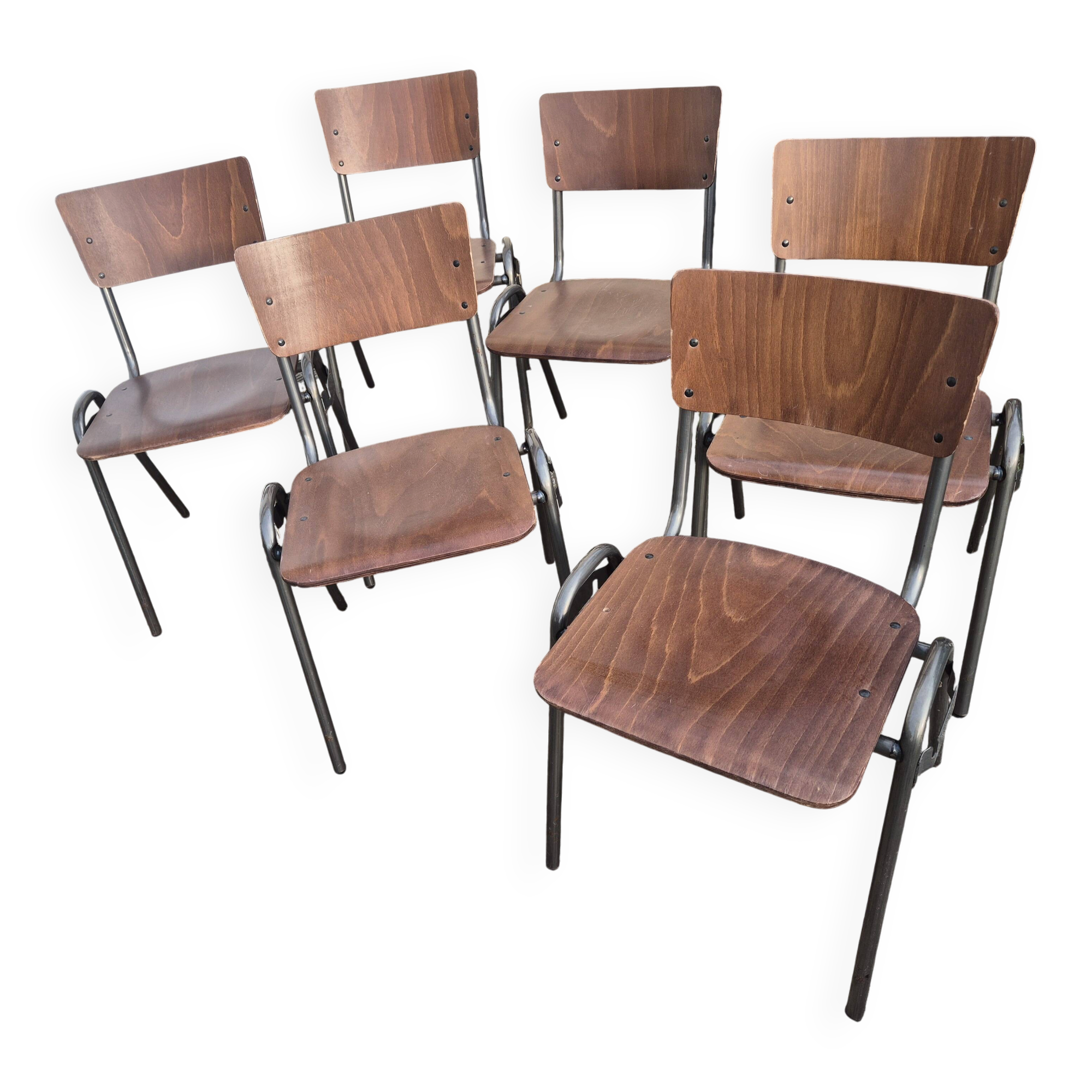 set of 6 vintage design chairs in wood and metal