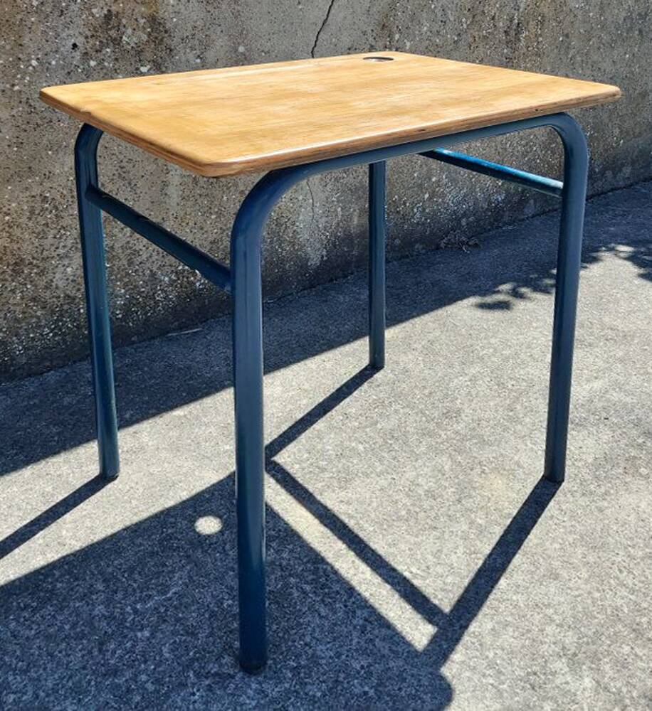 School table, wooden desk, metal, vintage, industrial style, 50s