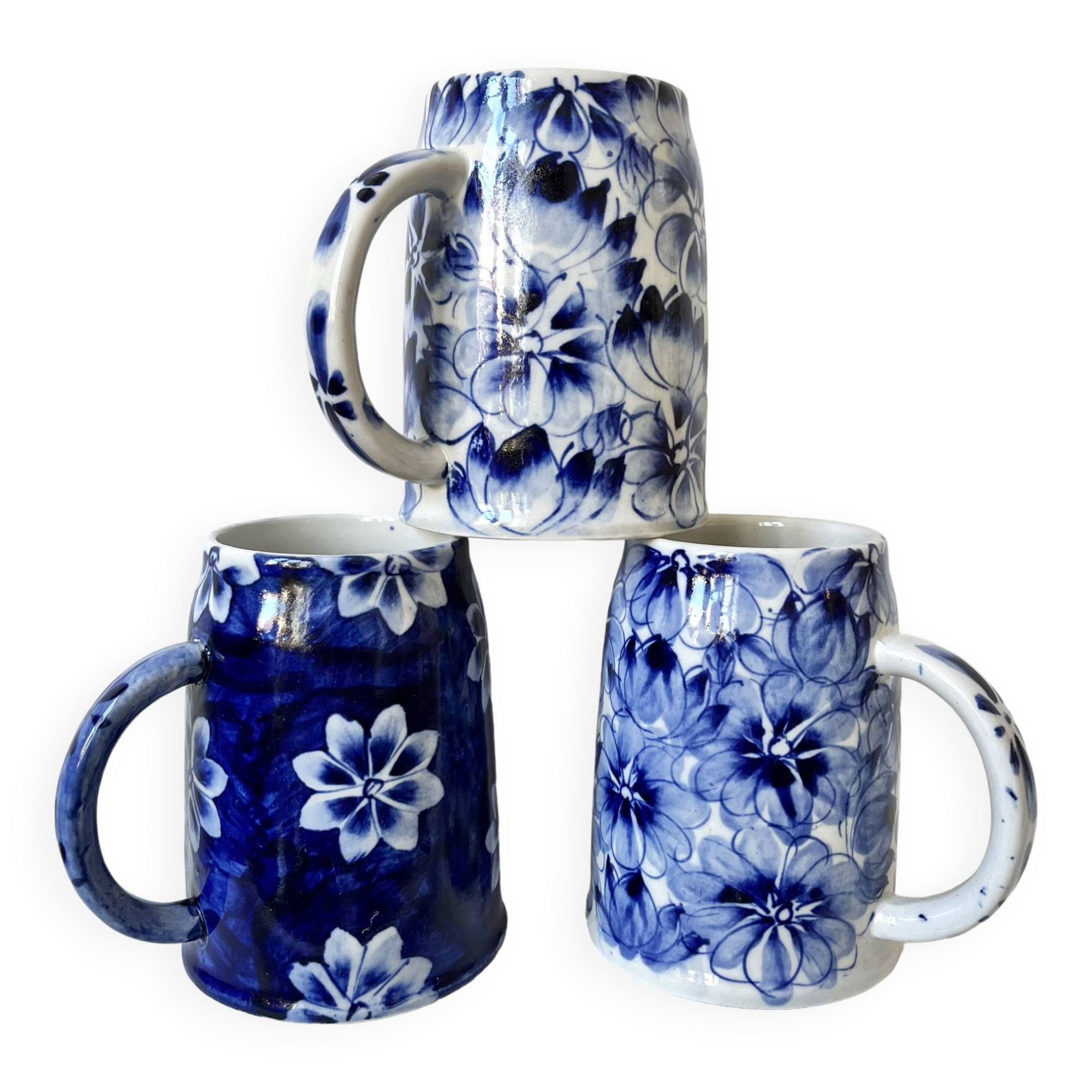 Blue flowered mugs or large tankards