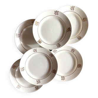 Set of 6 Gien flat plates with golden floral pattern