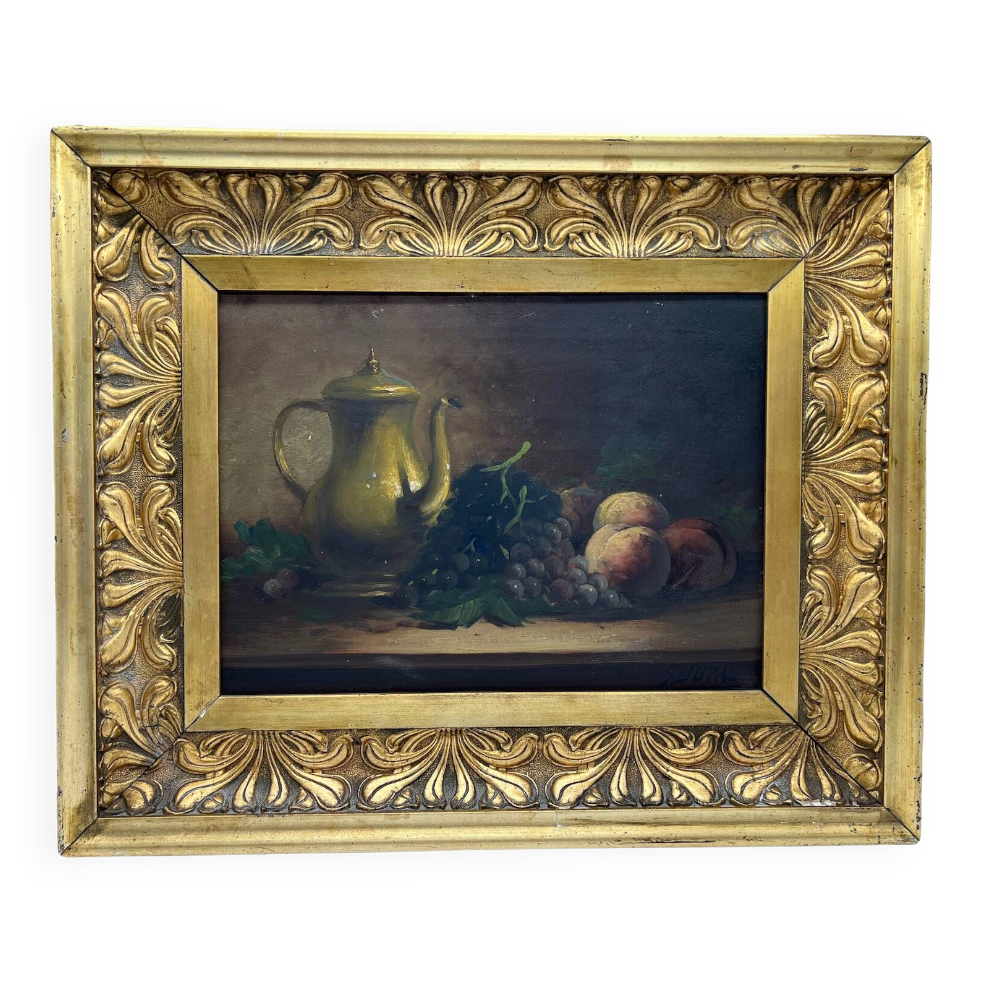 Still life painting with fruit and teapot