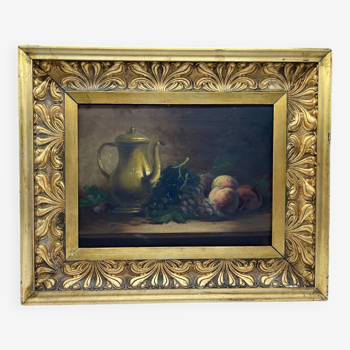 Tableau peinture nature morte aux fruits et théière