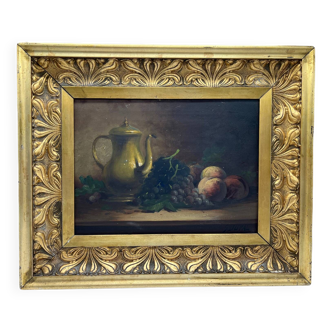 Still life painting with fruit and teapot