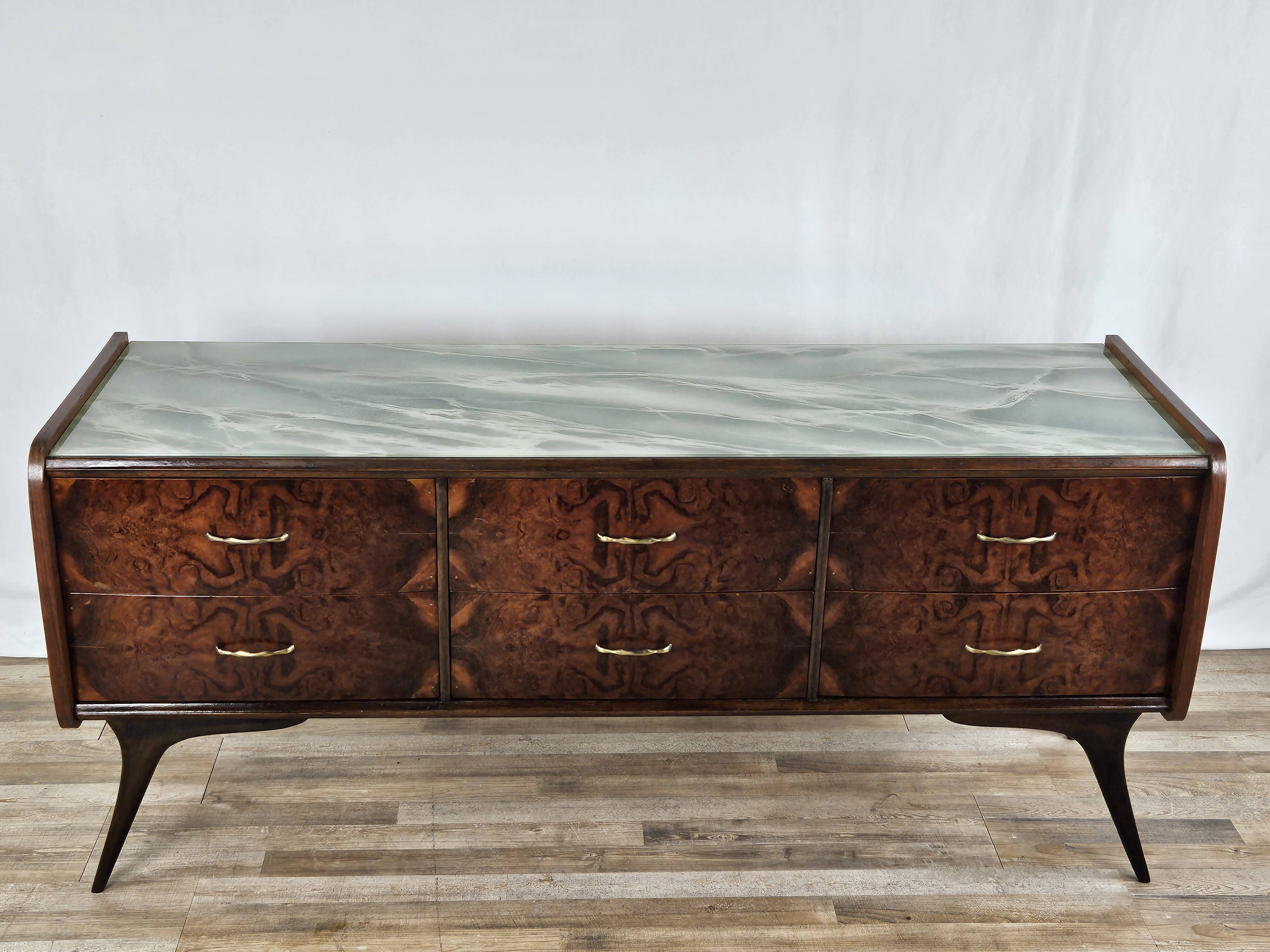 Commode des années 1960 avec verre et six tiroirs