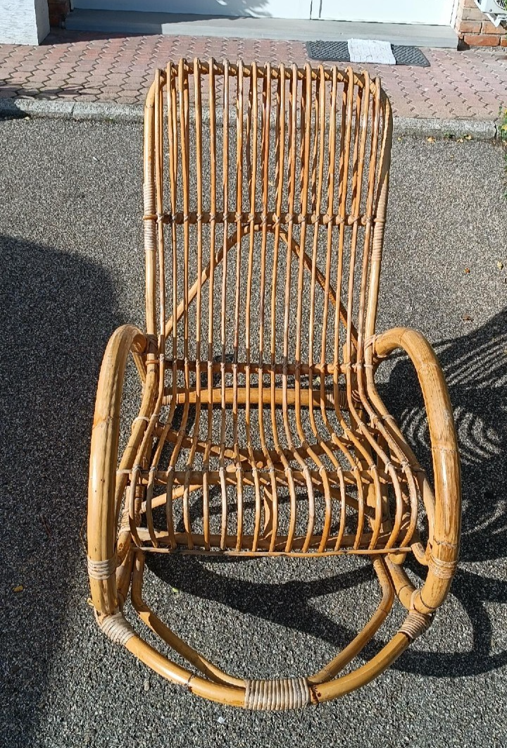 Designer rocking chair in rattan and bamboo from the 1950s/60s
