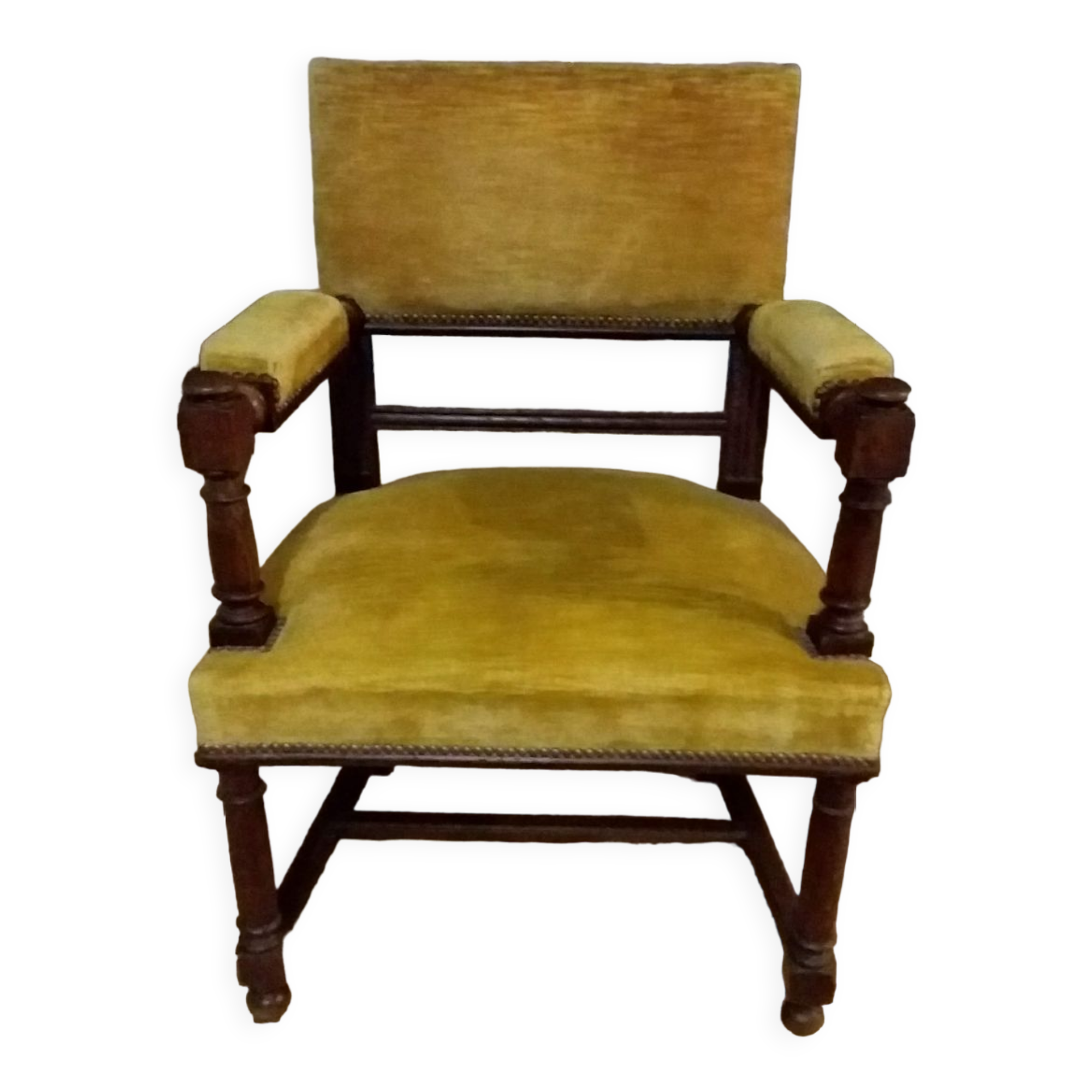 Mustard yellow wooden and velvet armchair
