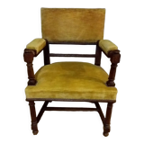 Fauteuil bois et velours jaune moutarde