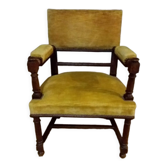 Fauteuil bois et velours jaune moutarde