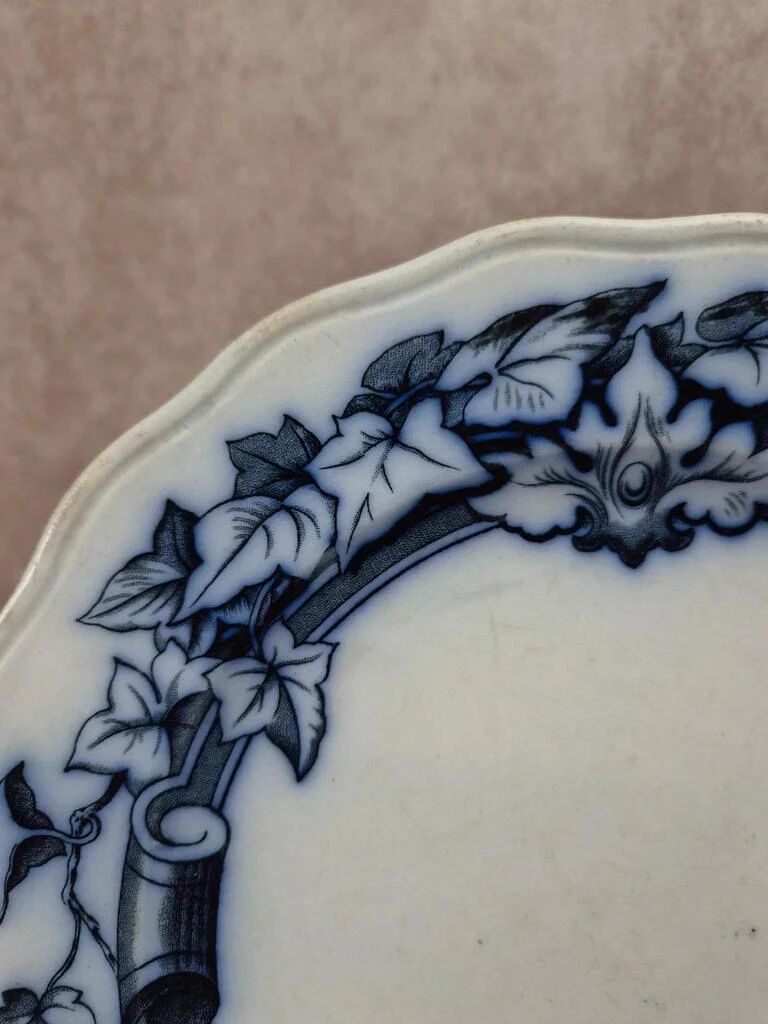 Antique English plate BWM & Co – Rose & Ivy pattern – registered 1868 – blue and black decoration.