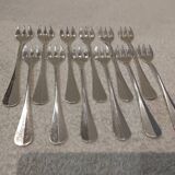 12 silver-plated oyster forks by silversmith J Brille with stick handles.