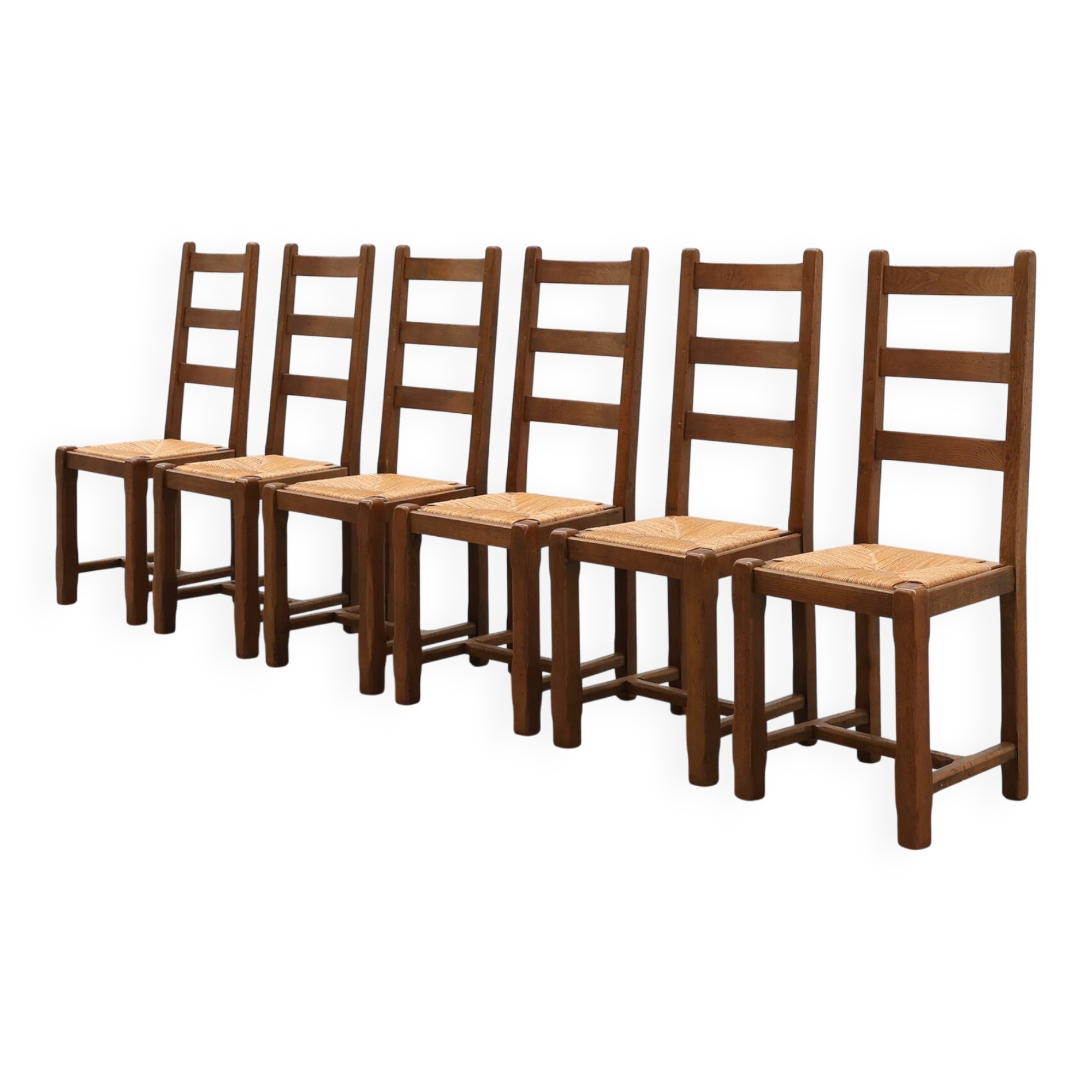 Set of 6 rustic oak ladder-back chairs with rush seats, France, 20th centur